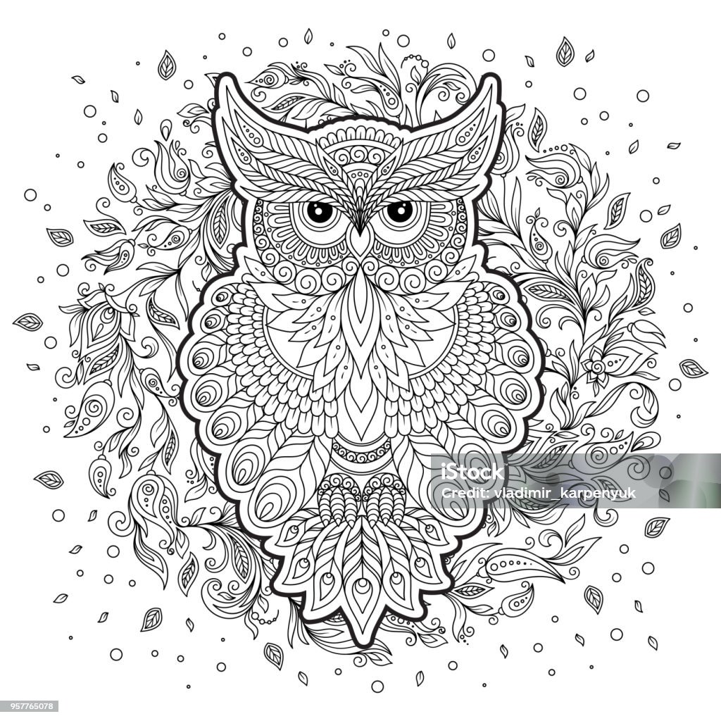 Coloring page with cute owl and floral frame. Hand drawn zen Owl, bird totem for adult Coloring Page in zen style, for tattoo, illustration with high details isolated on white background. Vector monochrome sketch. Mandala stock vector