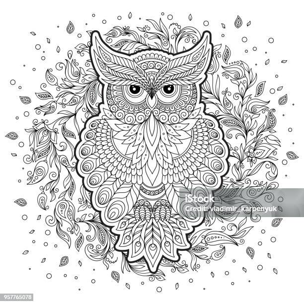 Coloring Page With Cute Owl And Floral Frame Stock Illustration - Download Image Now - Mandala, Owl, Abstract