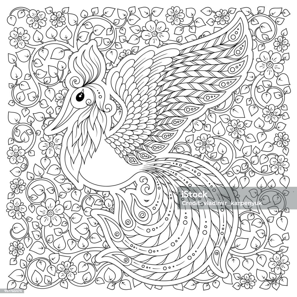 Firebird for anti stress Coloring Page with high details. Cute bird in fantasy flower garden. Animals. Hand drawn doodle. Ethnic patterned illustration. African, indian, totem tatoo design. Sketch for avatar, tattoo, poster, print or t-shirt. Abstract stock vector