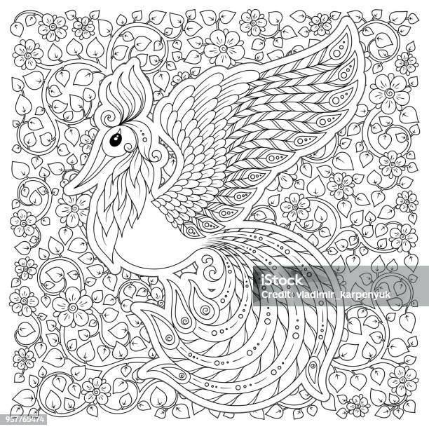 Firebird For Anti Stress Coloring Page With High Details Stock Illustration - Download Image Now