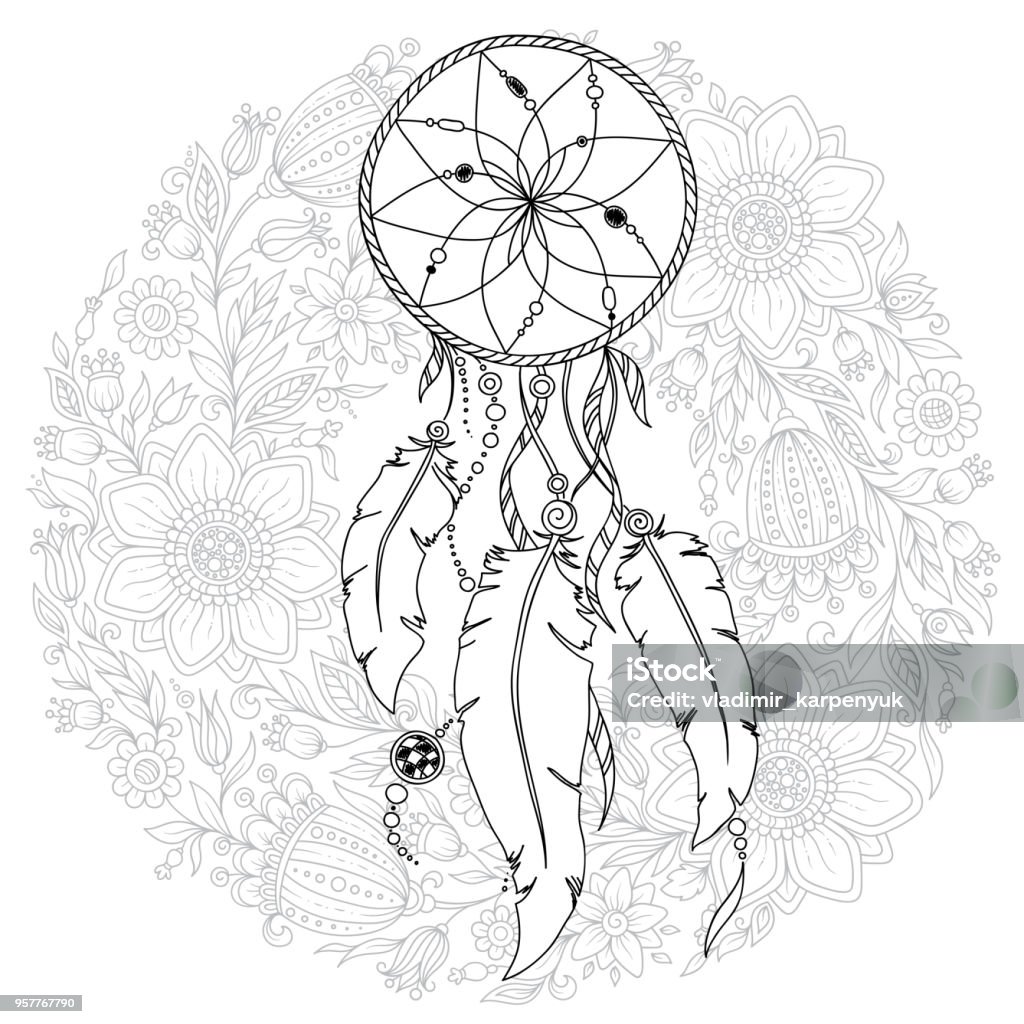 Hand drawn monochrome Dreamcatcher isolated on white background. Dreamcatcher with feathers and flowers. Boho style. Hand drawn magic symbol. Black and white, suitable for coloring book. Bohemian collection. Vector illustration. Abstract stock vector