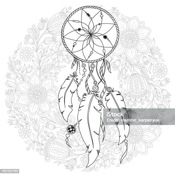 Hand Drawn Monochrome Dreamcatcher Isolated On White Background Stock Illustration - Download Image Now