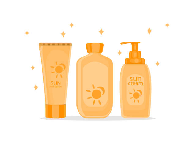 ilustrações de stock, clip art, desenhos animados e ícones de sun protection cream tubes and cosmetic jars or bottles. sunscreen icon. - spray tan body human skin