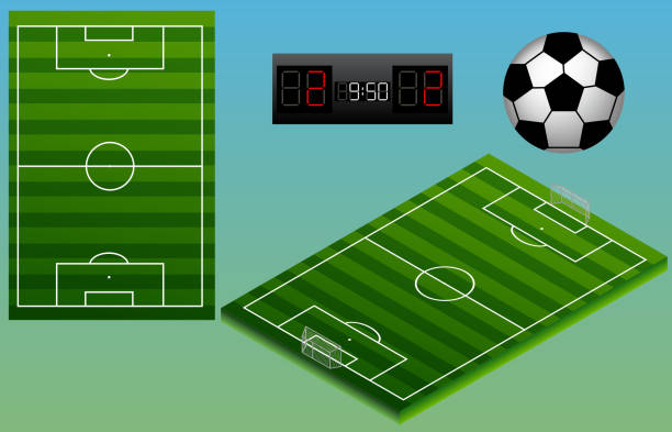 Isometric soccer playground, ball, and scoreboard. Soccer field top view. Isolated. Isometric soccer playground, ball, and scoreboard. Soccer field top view. Isolated. In vector georgia football stock illustrations
