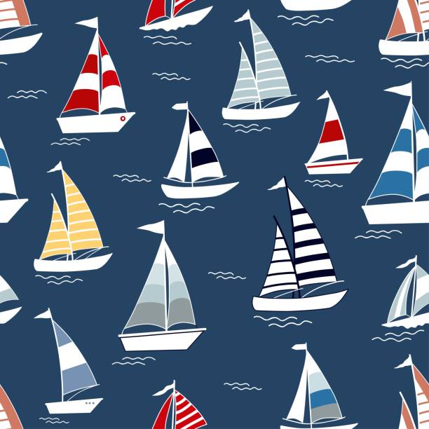 ilustrações de stock, clip art, desenhos animados e ícones de marine seamless pattern with cartoon boats - regatta