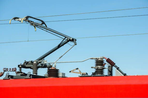 Electric train trolley pole railway electrification overhead system with wires and blue sky above