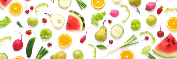 Various vegetables and fruits isolated on white background, top view, flat layout.