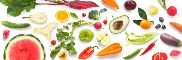 istock Various vegetables and fruits isolated on white background, top view, flat layout. 957774618