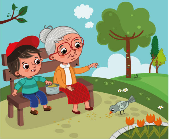 illustrazioni stock, clip art, cartoni animati e icone di tendenza di nonna e nipote sono nella natura. - bird spring family cartoon