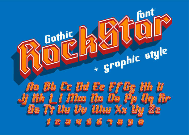 ilustraciones, imágenes clip art, dibujos animados e iconos de stock de rock star - fuente decorativa moderna con estilo gráfico - músico de rock