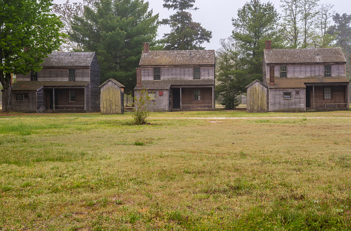Old abandoned buildings on the foggy morning at Wharton state forest in New Jersey