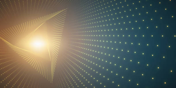istock Vector infinite triangle twisted tunnel of shining flares on green background. Glowing points form tunnel. Abstract cyber colorful background. Elegant modern geometric wallpaper. Shining points swirl. 957786684
