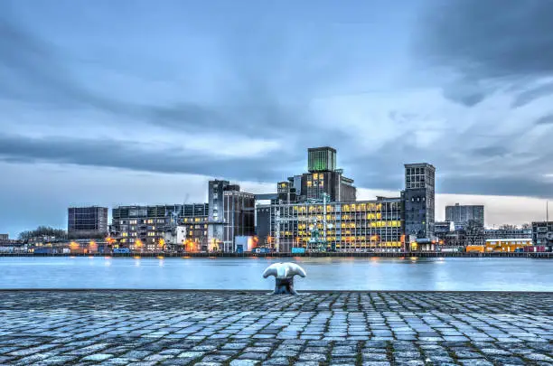View from the quay of Rijnhaven harbour in Rotterdam, The Netherlands towards the Katendrecht grain silo during the blue hour