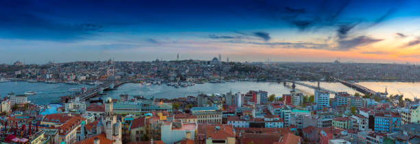istock Long exposure panoramic cityscape of Istanbul at a beautiful dramatic clouds sunset from Galata to Golden Horn gulf. View of the wonderful romantic old town at Sea of Marmara. Istanbul. Turkey. 957790976
