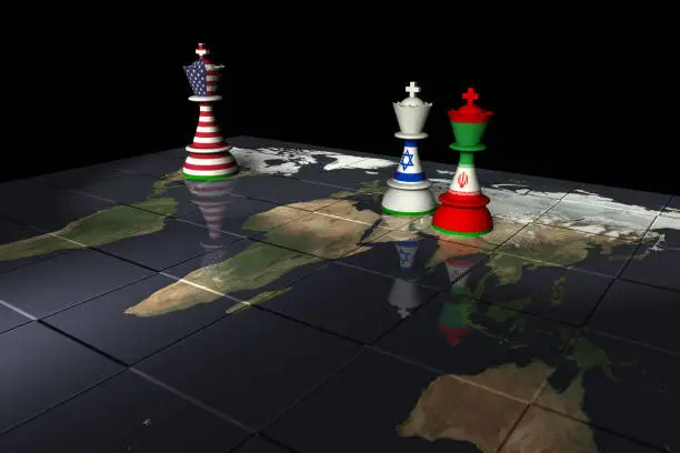 Render of a chessboard decorated a map of the world and with pieces decorated with the American, Israeli and Iranian flags.

The Earth map is a public domain image from NASA's Visible Earth project: https://visibleearth.nasa.gov/view.php?id=73884