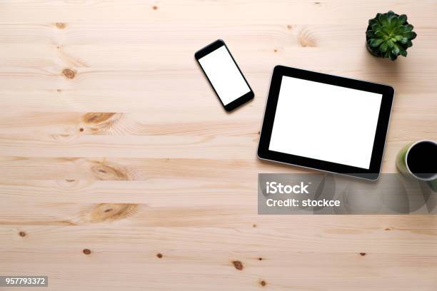 Tablet Pc Office Header Stock Photo - Download Image Now - Digital Tablet, Table, Smart Phone