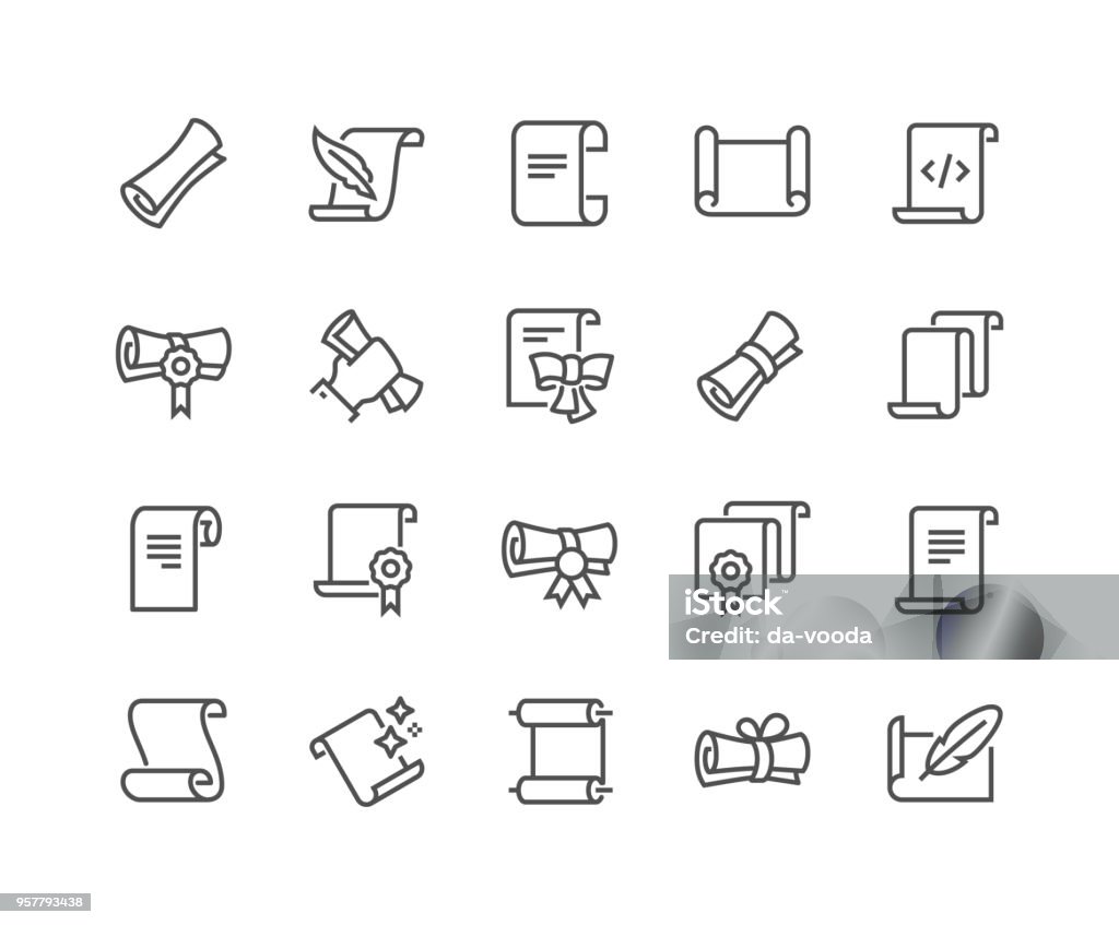 Line Scrolls and Papers Icons Simple Set of Scrolls and Papers Related Vector Line Icons. Contains such Icons as Education Diploma, Magic Paper, Code Listing and more. Editable Stroke. 48x48 Pixel Perfect. Icon Symbol stock vector