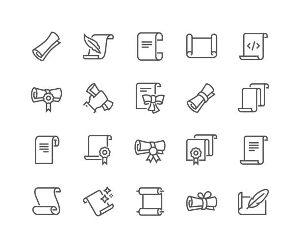Line Scrolls and Papers Icons Simple Set of Scrolls and Papers Related Vector Line Icons. Contains such Icons as Education Diploma, Magic Paper, Code Listing and more. Editable Stroke. 48x48 Pixel Perfect. rolled up stock illustrations