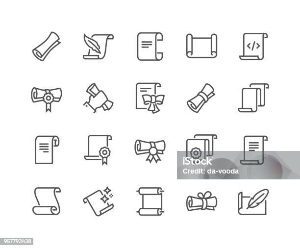Line Scrolls And Papers Icons Stock Illustration - Download Image Now - Icon Symbol, Diploma, Paper Scroll