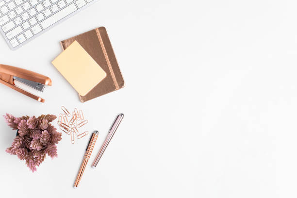 Flat lay, top view office table desk Flat lay for social media blogger. Workspace with keyboard, note books, flower pot, stapler and clips on white background. crop top view stock pictures, royalty-free photos & images