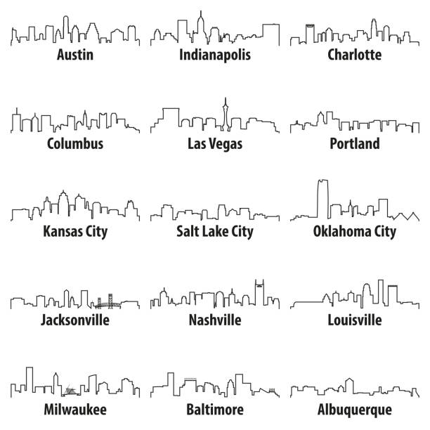 ilustraciones, imágenes clip art, dibujos animados e iconos de stock de vector iconos de contorno de skylines de ciudades de estados unidos - nashville