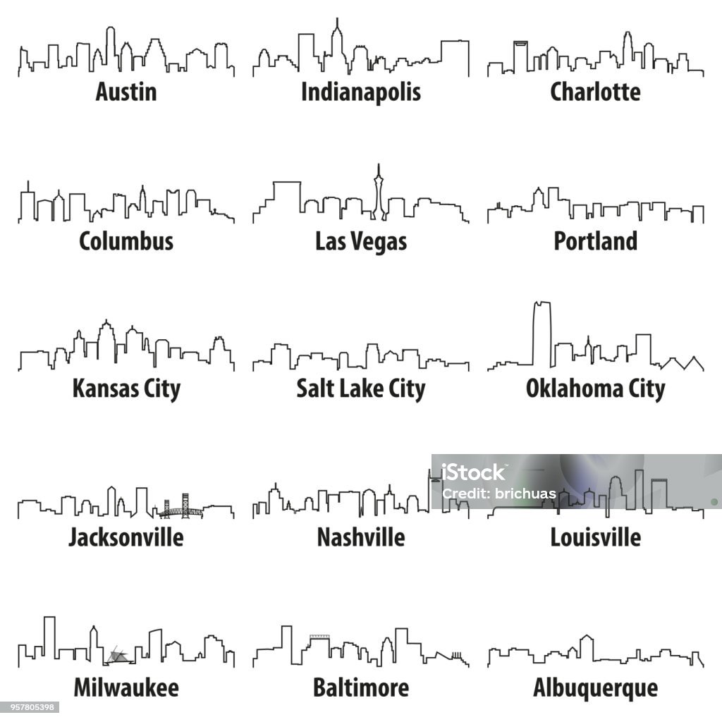 美國城市天際線的向量輪廓圖示 - 免版稅天際圖庫向量圖形
