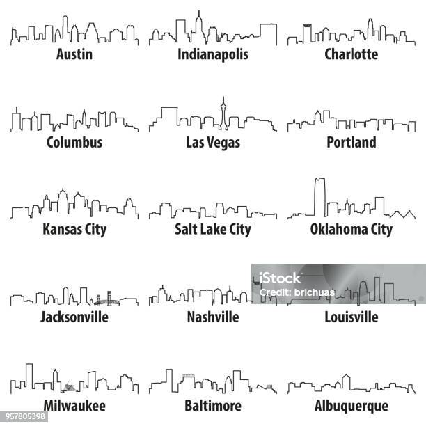 美國城市天際線的向量輪廓圖示向量圖形及更多天際圖片 - 天際, 矢量圖, 堪薩斯市 - 密蘇里州
