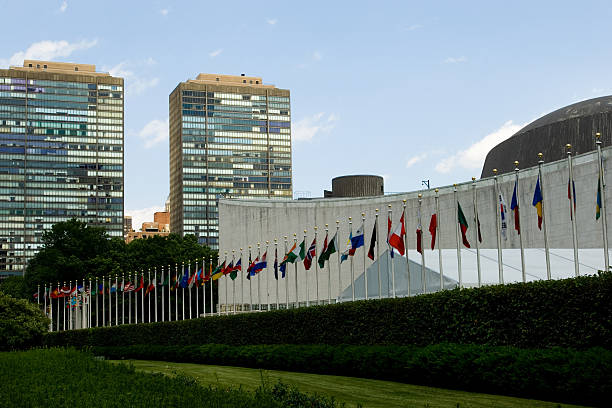 World flags in front of the United Nations building UN headquarters building in New York unicef stock pictures, royalty-free photos & images