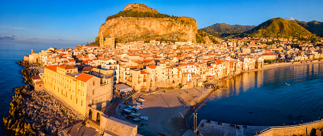 Aerial view of Cefalu, an beautiful and historic city located at Sicily, Italy.