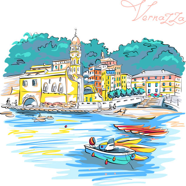 Colorful houses in Vernazza, Ligury, Italy Vector hand drawing of colorful houses, boats and church in Vernazza fishing village in Five lands, Cinque Terre National Park, Liguria, Italy. spezia stock illustrations