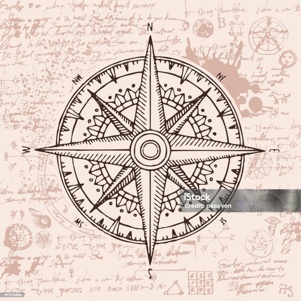 travel banner with a wind rose and old compass Hand-drawn vector banner with a wind rose and old nautical compass in retro style. Illustration on the theme of travel and discovery on the background of old manuscript Navigational Compass stock vector