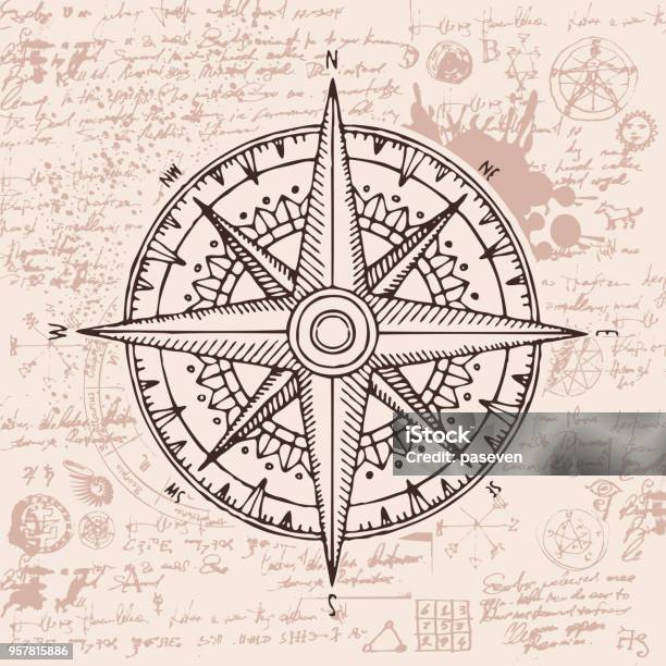Travel Banner With A Wind Rose And Old Compass Stock Illustration - Download Image Now - Navigational Compass, Adventure, Antique