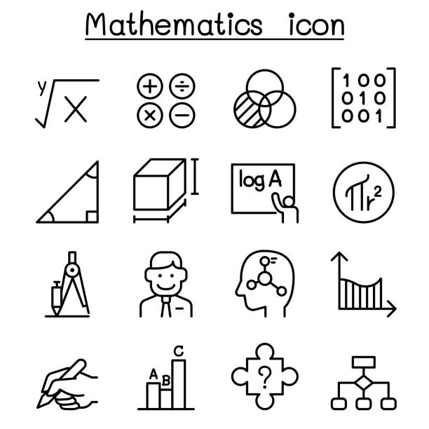 illustrazioni stock, clip art, cartoni animati e icone di tendenza di icona matematica impostata in stile linea sottile - geometry mathematics mathematical symbol triangle