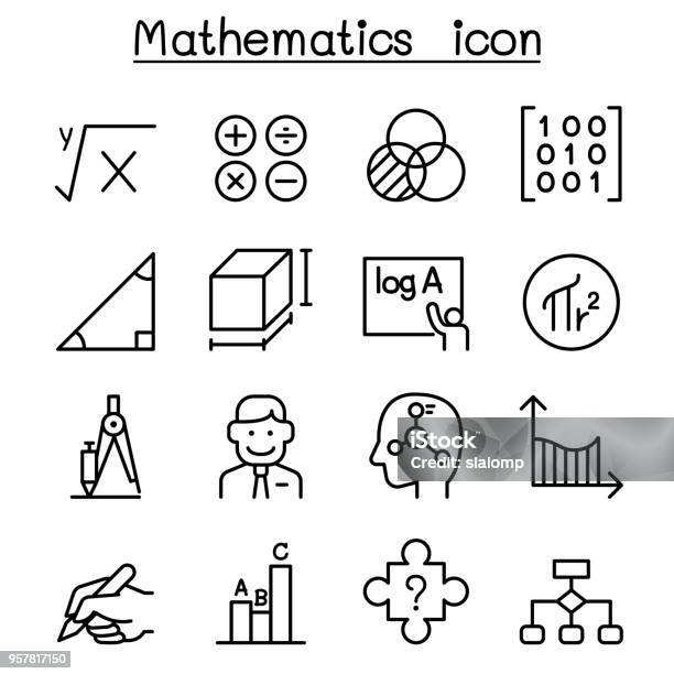 Mathematics Icon Set In Thin Line Style Stock Illustration - Download Image Now - Icon Symbol, Mathematics, Mathematical Symbol