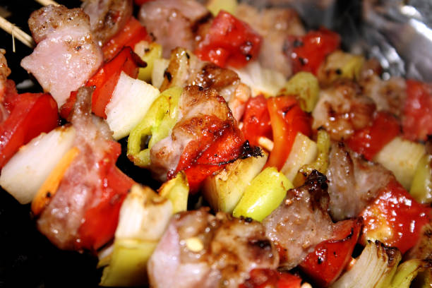 istock barbeque - meat with vegetables on a stick 95781766