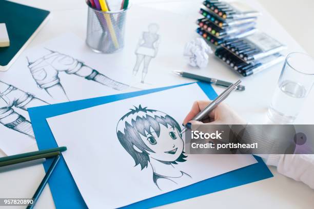 Freelancer Working At Her Home Office Stock Photo - Download Image Now - Manga Style, Drawing - Activity, Drawing - Art Product