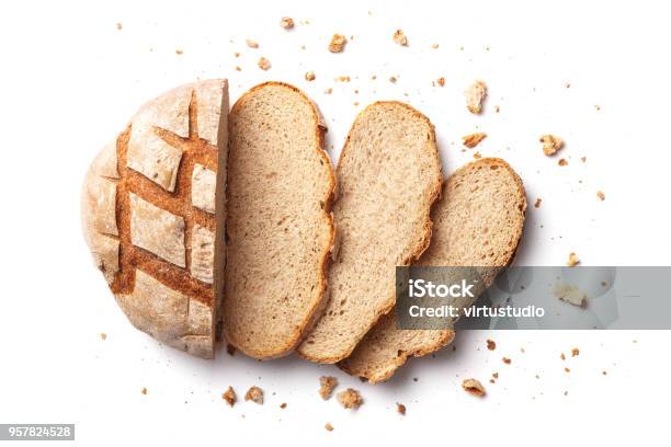 Sliced Bread Isolated On A White Background Bread Slices And Crumbs Viewed From Above Top View Stock Photo - Download Image Now