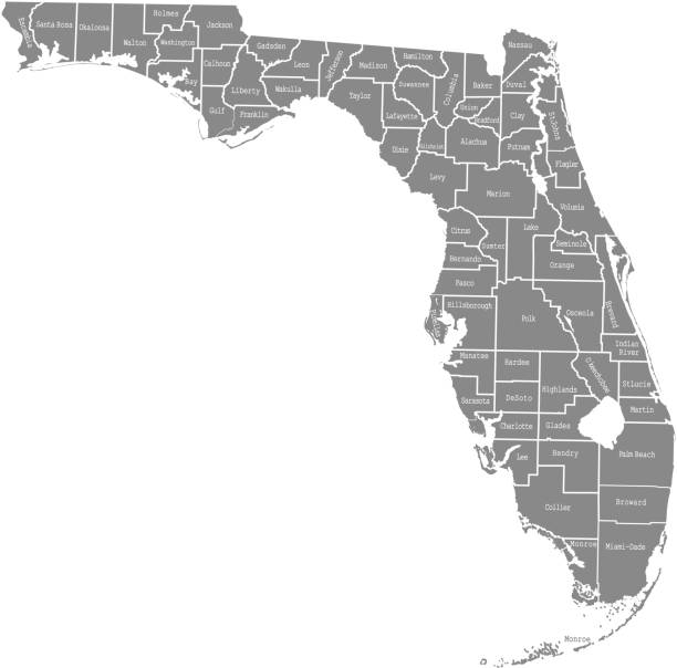 Florida state of USA county map vector outlines illustration with counties names labeled in gray background. Highly detailed county map of Florida state of United States of America Florida state of USA county map vector outlines illustration with counties names labeled in gray background. Highly detailed county map of Florida state of United States of America florida us state stock illustrations
