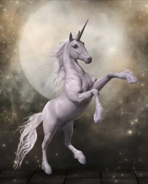 3d render of a magical unicorn in front of a fairytale moon
