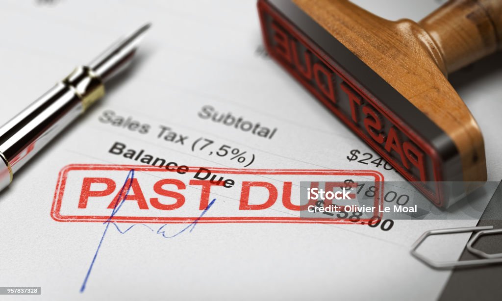Business Debt Collection or Recovery. Unpaid Invoice Rubber stamp with the text past due over an invoice document. 3D illustration. Concept of unpaid debt recovery. Debt Stock Photo