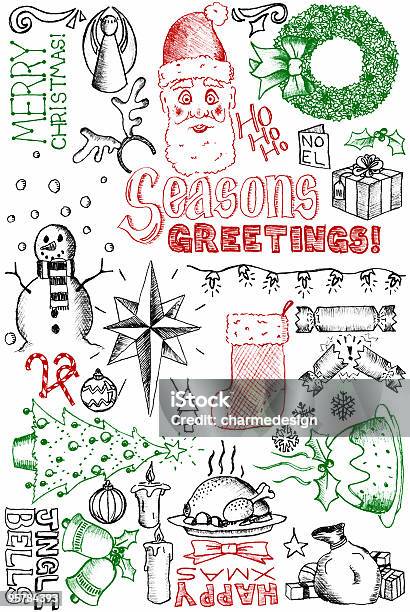 Ilustración de Garabatos De Navidad y más Vectores Libres de Derechos de Croquis - Croquis, Pudín de navidad, Corona - Arreglo floral