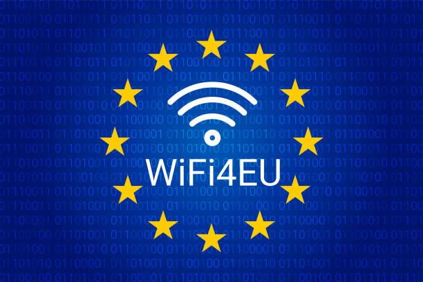 ilustrações, clipart, desenhos animados e ícones de wifi4eu - hotspots wi-fi gratuito na união europeia. ilustração vetorial - european union flag flag european community interface icons