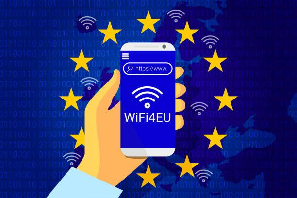 ilustrações, clipart, desenhos animados e ícones de wifi4eu - hotspots wi-fi gratuito na união europeia. ilustração vetorial - european union flag flag european community interface icons