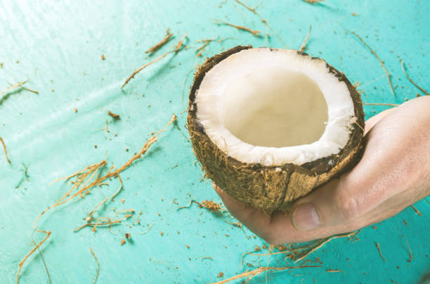 istock Half of a chopped coconut in a hand on a blue background 957852284