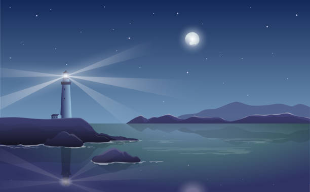 illustrazioni stock, clip art, cartoni animati e icone di tendenza di paesaggio notturno vettoriale con faro sul mare e luna splendente - sea life centre