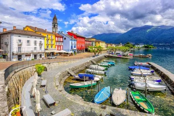 Ascona Old Town and port on Lago Maggiore lake in swiss Alps mountains, Switzerland