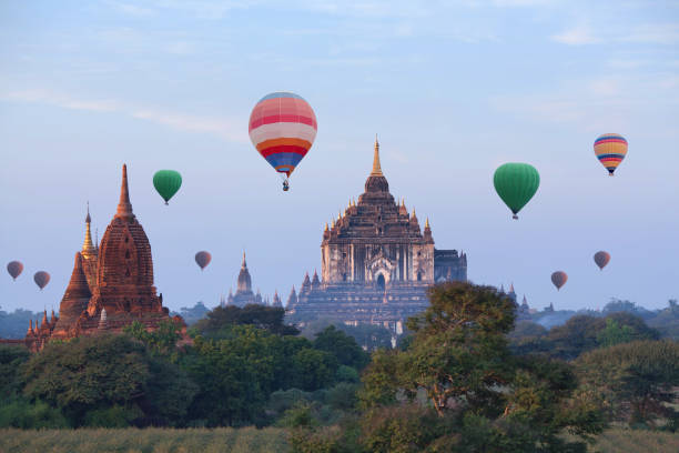 Hot air balloons flying over Bagan, Mandalay division, Myanmar