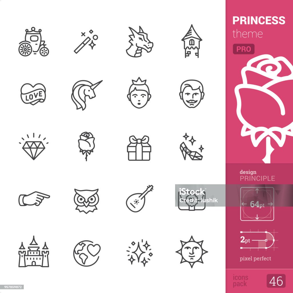 Princess - outline icons - PRO set Princess and Fairy Tale theme - Single line Pro Pack 

Сontains the following icons:
• Carriage, Magic Wand, Dragon, Tower;
• Heart and Love, Unicorn, Princess, Prince Groom;
• Diamond, Rose, Gift box, Glass slipper;
• Victorian Pointer Hand, Wise Owl, Mandolin and Serenade, Love letter;
• Castle, World Peace and Love, Stardust, Victorian Sun Face.

DESIGN PRINCIPLE — pixel grid alignment, all the icons are designed in 64x64 pt square, stroke weight 2 pt.

>> Take a look at the complete PRO packs collection https://www.istockphoto.com/collaboration/boards/bWuaNNNEwE-iQ8JnJpMYMg Icon Symbol stock vector