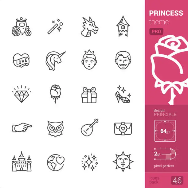 Vector illustration of Princess - outline icons - PRO set