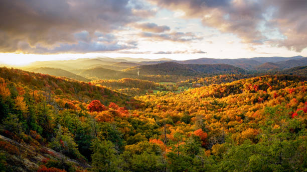 フラット ロックを見落とすからブルーリッジ ・ パークウェイの秋の夕暮れ - blue ridge mountains appalachian mountains sunrise mountain ストックフォトと画像